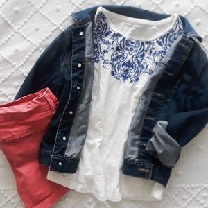 Cobalt blue and white embroidered neckline top